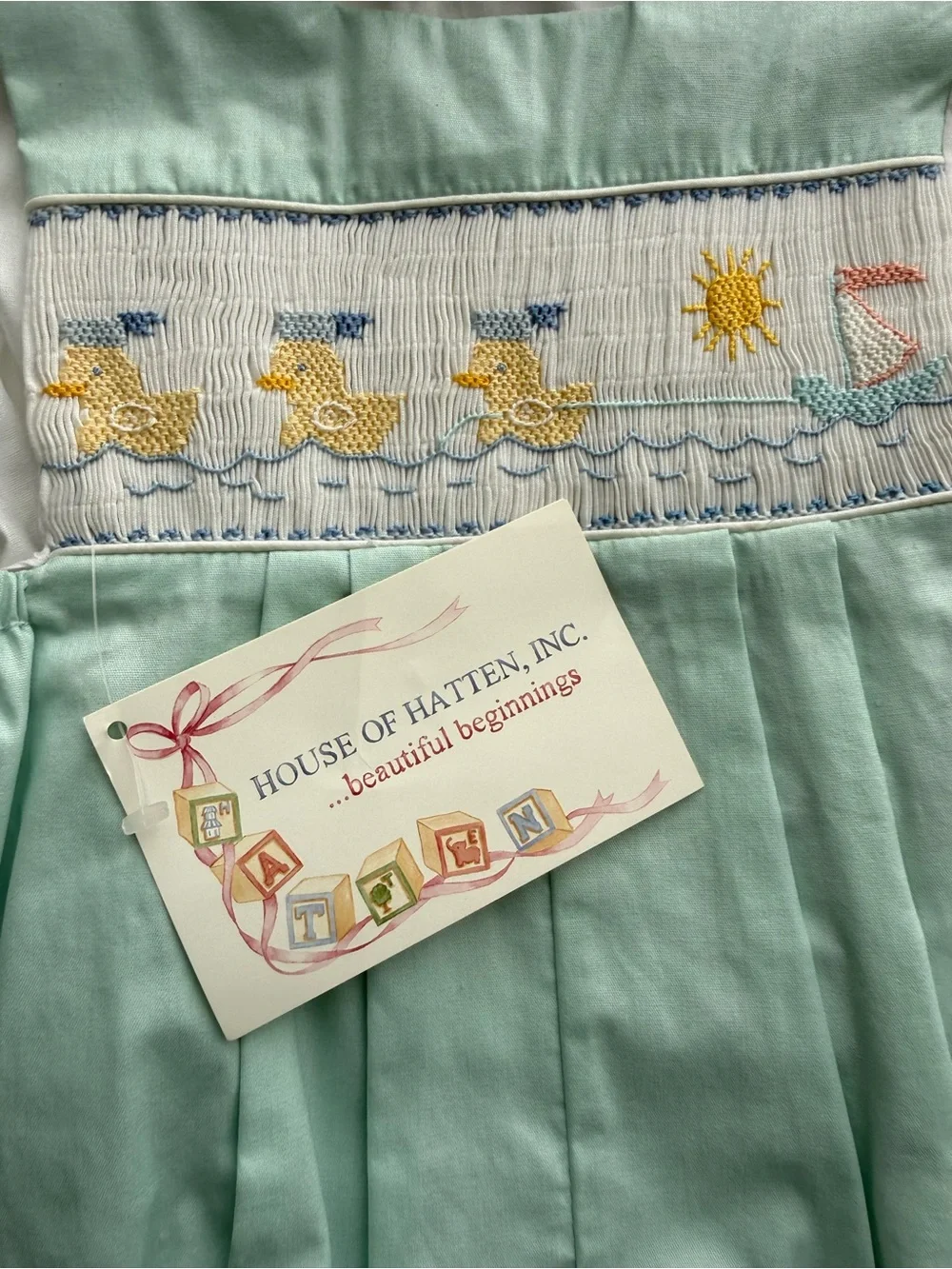 House of Hatten Smocked Duck & Sun Mint Bubble Romper with White Polo